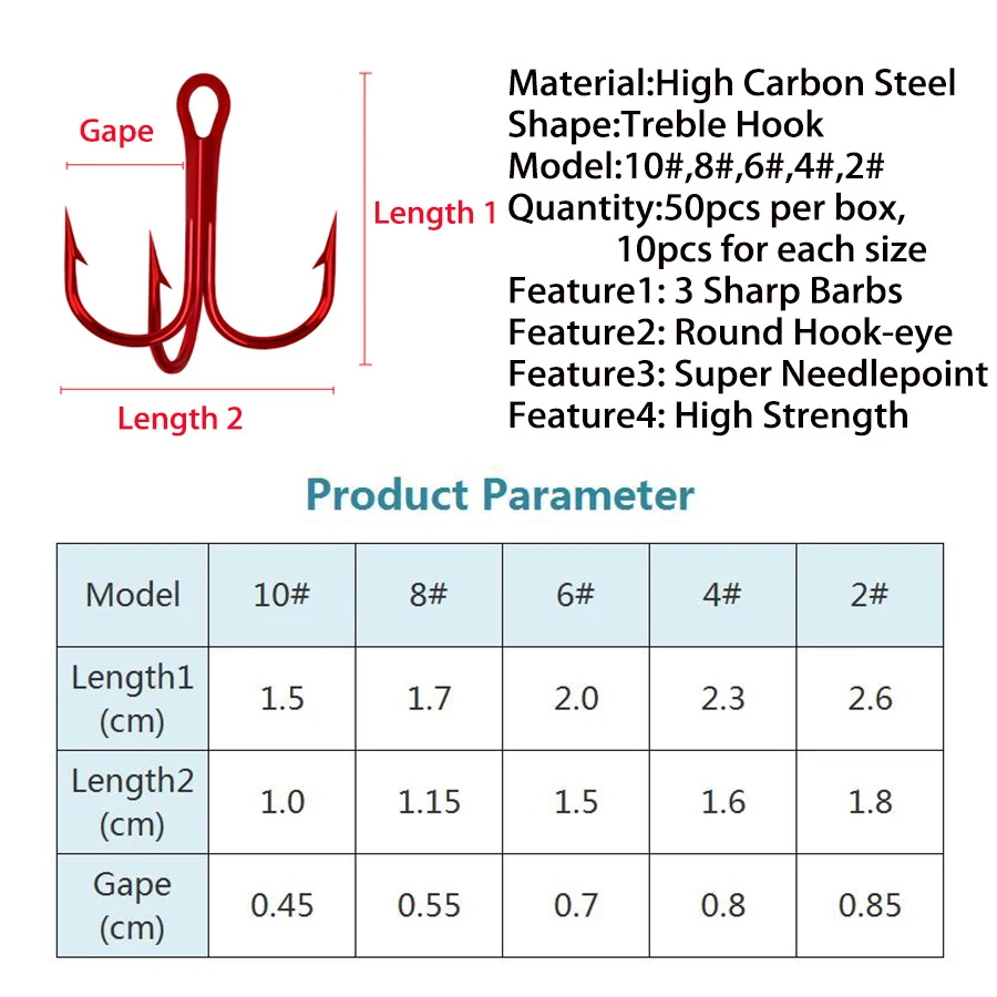 Anzuelos triples rojos, 50 unidades/caja, Kit de anzuelos de pesca de acero rico en carbono para señuelos de bagre, cebos de tamaño bajo # 2 # 4 # 6 # 8 # 10 - imagen 4