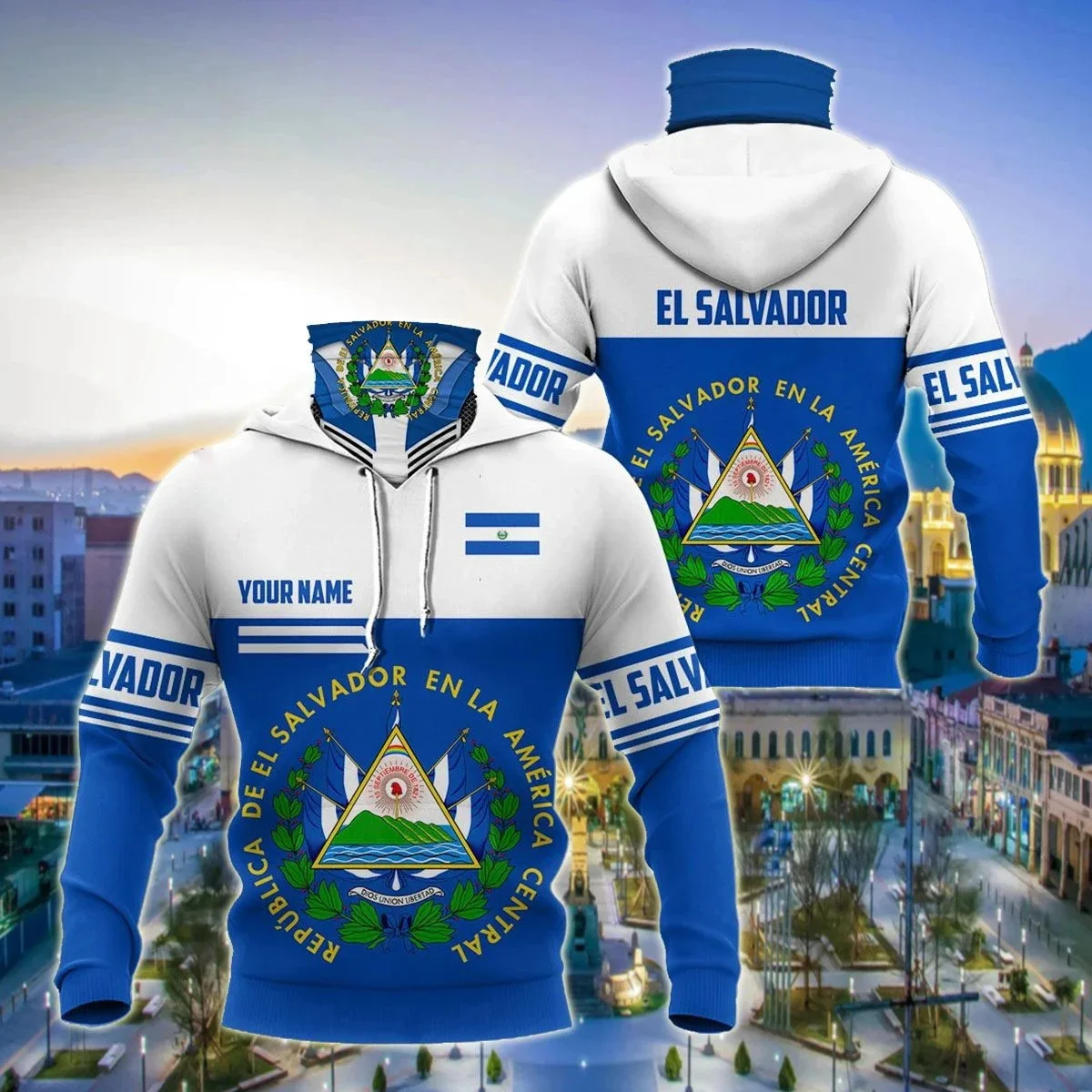 Personalizar El Salvador escudo de armas 3D impreso adulto cuello polaina Sudadera con capucha invierno Unisex Casual cálido grueso Sudadera con capucha con máscara ZZ06 - imagen 3