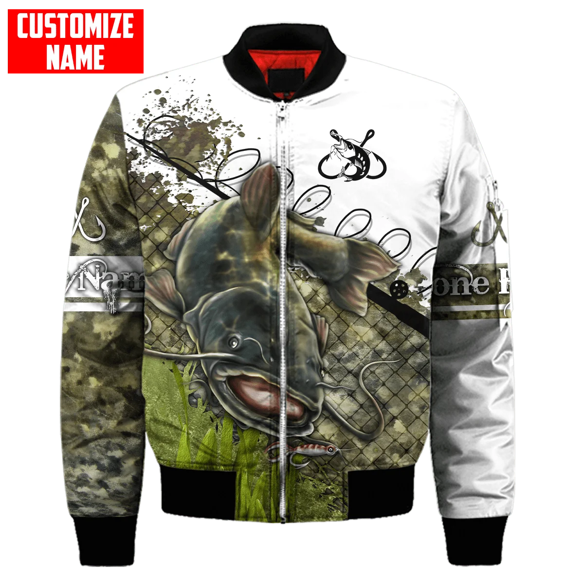 Chaqueta Bomber de invierno para hombre, abrigo con cremallera y bolsillo grueso con estampado 3D de atún/pesca de bagre, chaqueta cálida informal Unisex con cremallera, FX-04