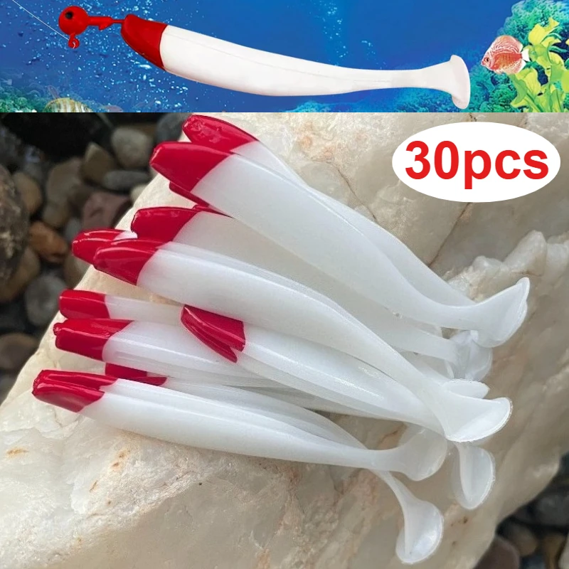 Señuelos Swimbait cola T cabeza roja cuerpo blanco para trucha lubina