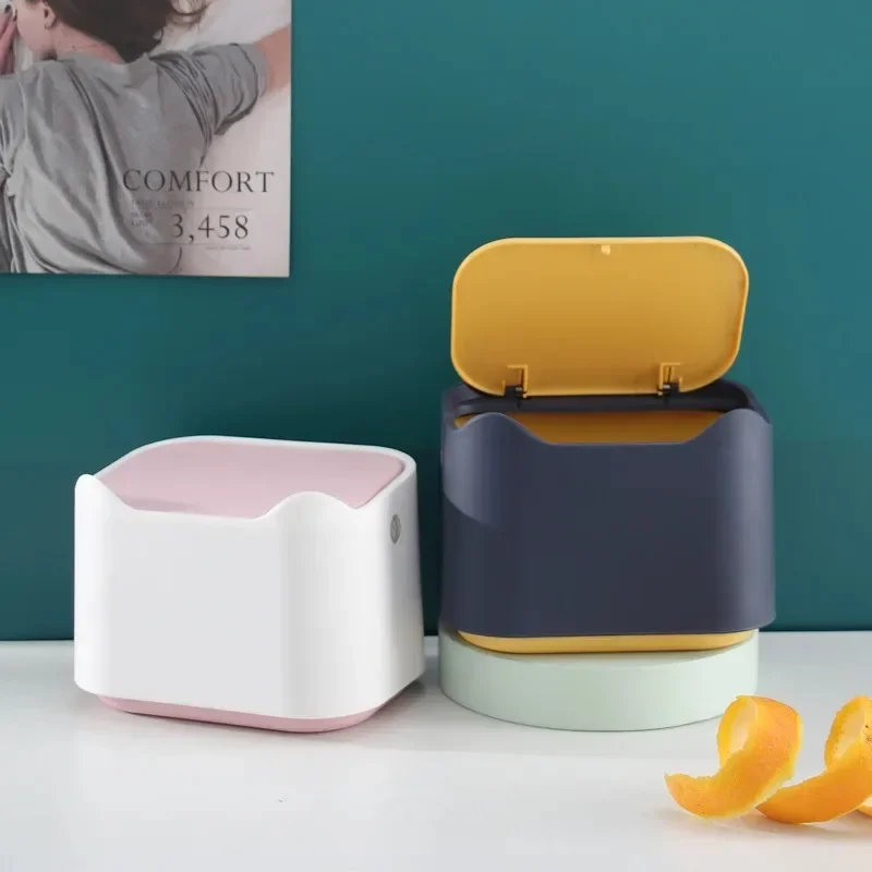 Bote de basura de escritorio tipo prensa, Mini cocina, bonito dibujo animado con tapa, tocador para dormitorio, caja de almacenamiento de basura para oficina - imagen 3