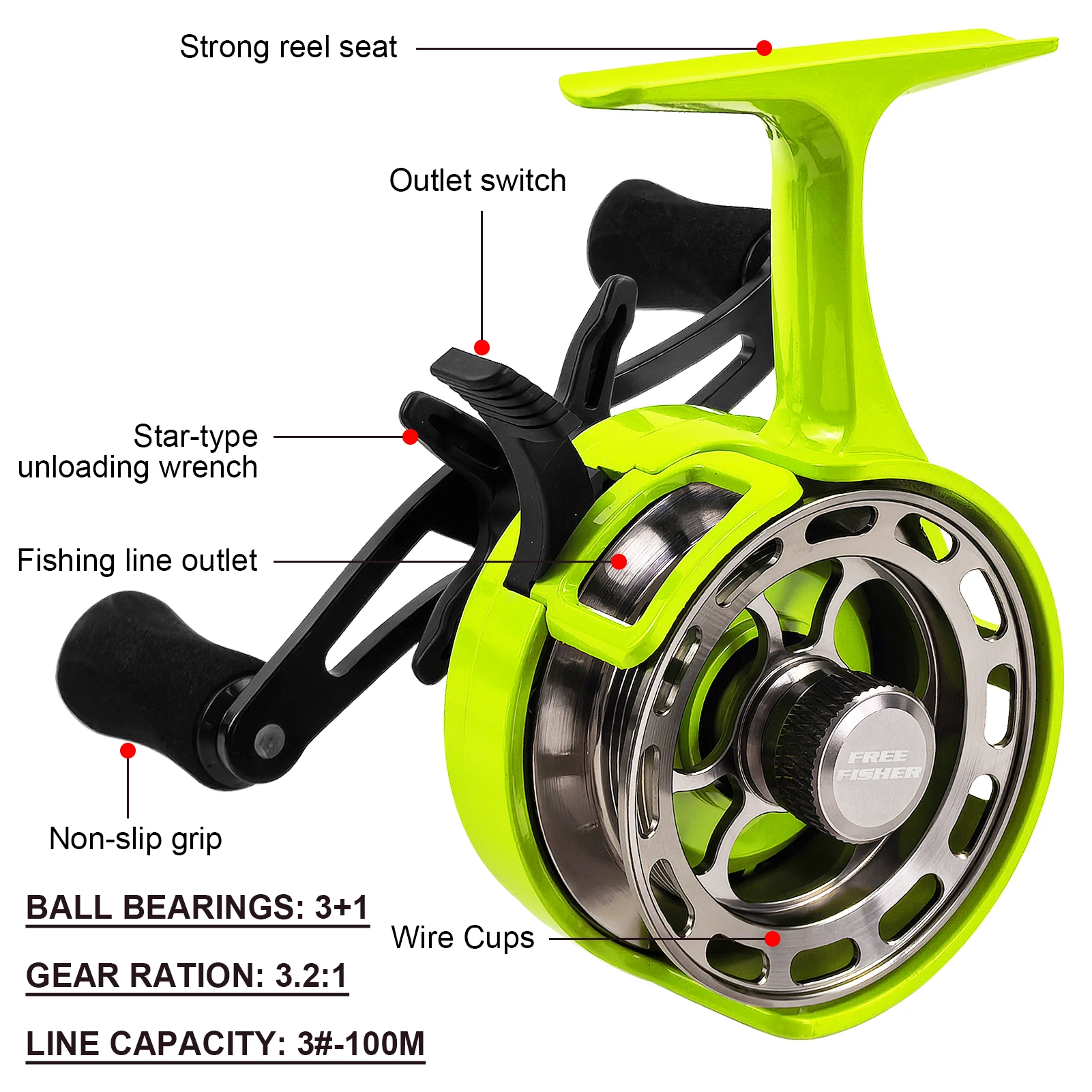 FREE FISHER Carrete para pesca en hielo ultralarga 3,2:1 – 4+1BB de alta velocidad - imagen 5