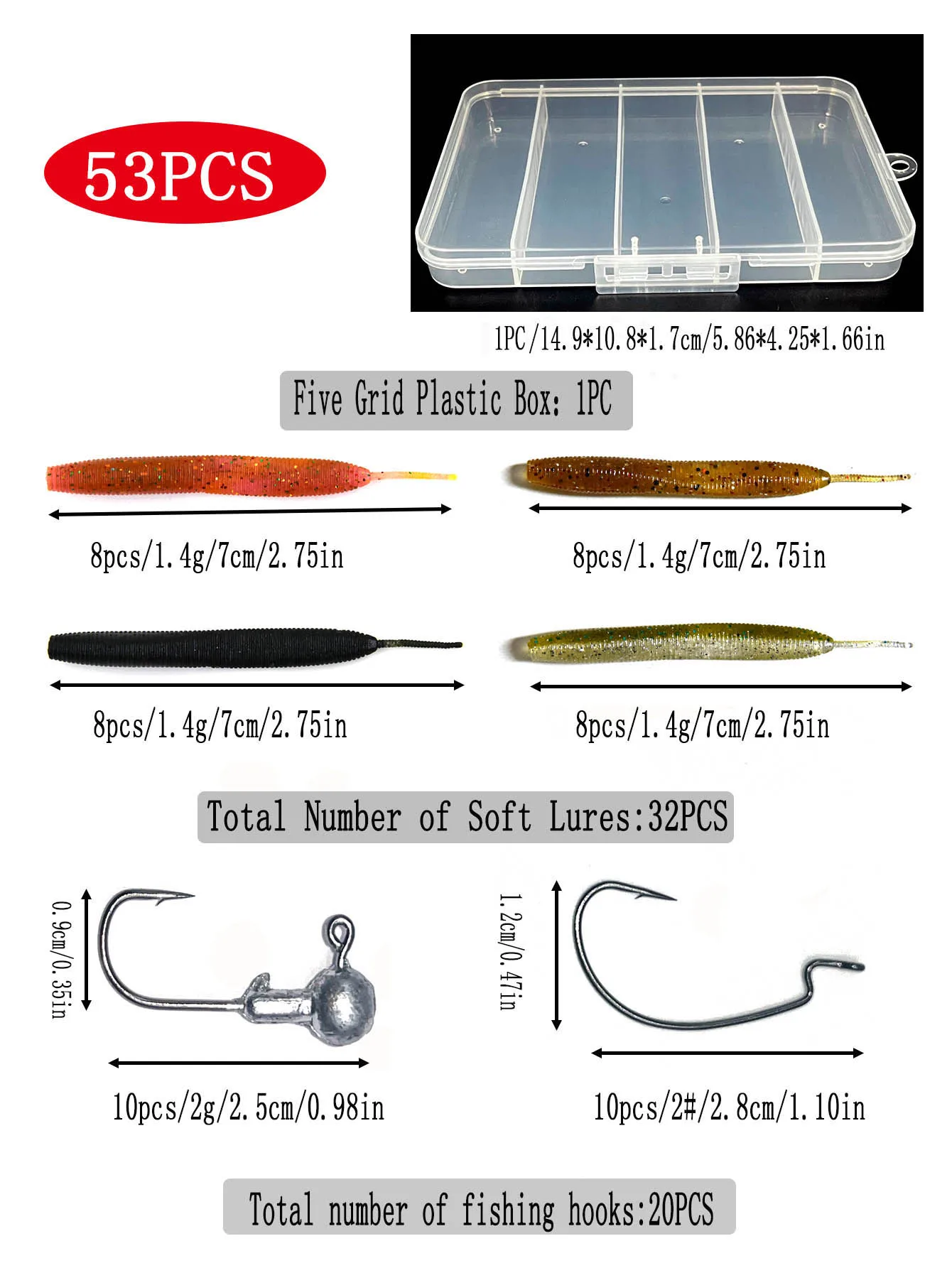 Donglexian-Juego de cola de aguja de haya, caja de plástico, embalaje de silicona, cebo de pesca, anzuelo de cabeza de plomo, anzuelo de manivela, pesca al aire libre, 52 unids/lote por caja