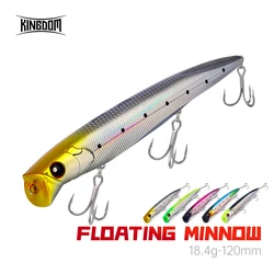 Señuelo de pesca de mar Kingdom, 120mm, 18,4g, cebos duros artificiales Topwater, señuelos flotantes Popper de pececillo, Wobbler de fundición larga, lubina