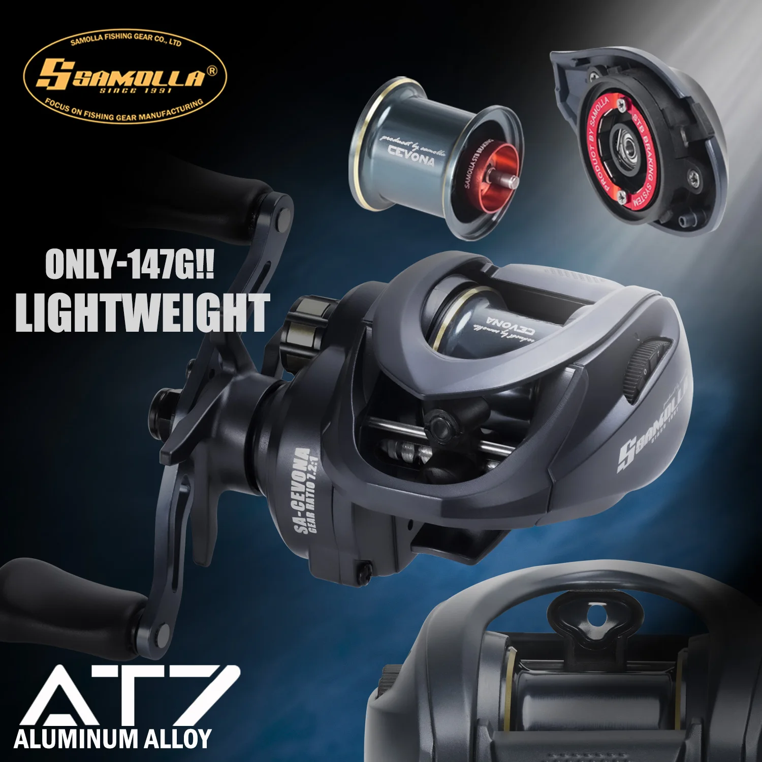 SAMOLLA nuevo carrete de pesca ultraligero con freno STB 149g relación de engranaje 7,2 agua salada 8 + 1BB 5KG Baitcaster de potencia