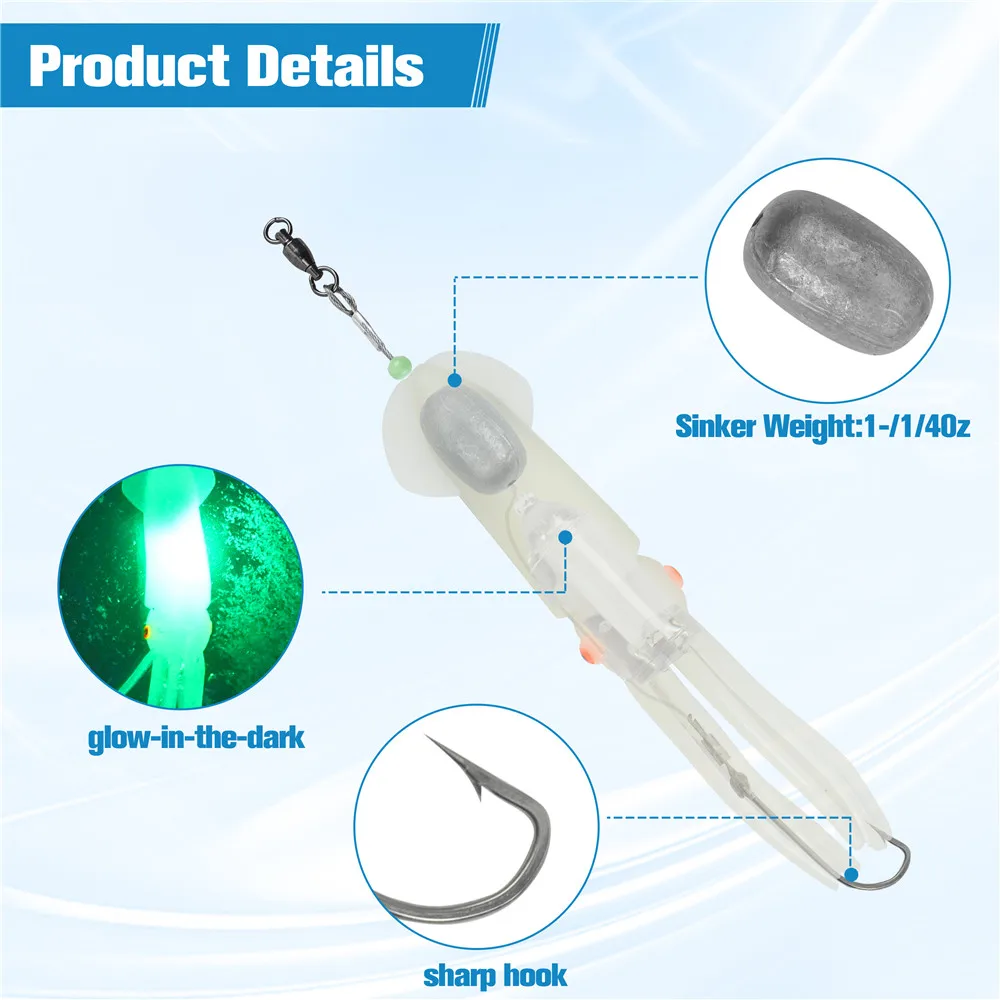 Señuelos de pesca de calamar iluminados en agua salada, 3 uds., 6/0 anzuelos, plantilla de calamar, halibut, Ling, bacalao, señuelos de curricán, Flasher, señuelos de atún en alta mar - imagen 3