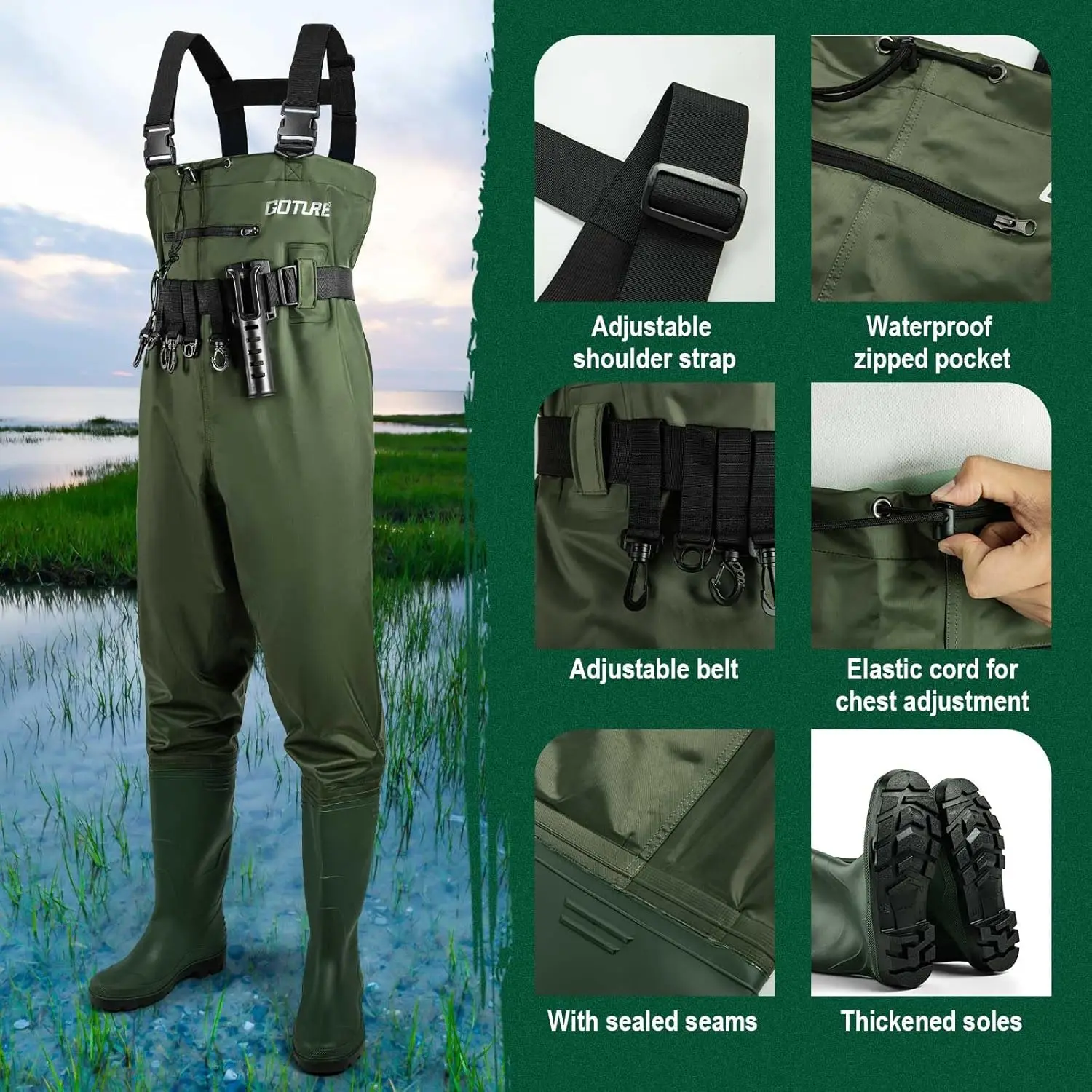 Goture, botas de neopreno de PVC de 2 capas con botas, botas de pesca impermeables, juego completo para hombres y mujeres con Kit de reparación de bolsa de teléfono - imagen 3