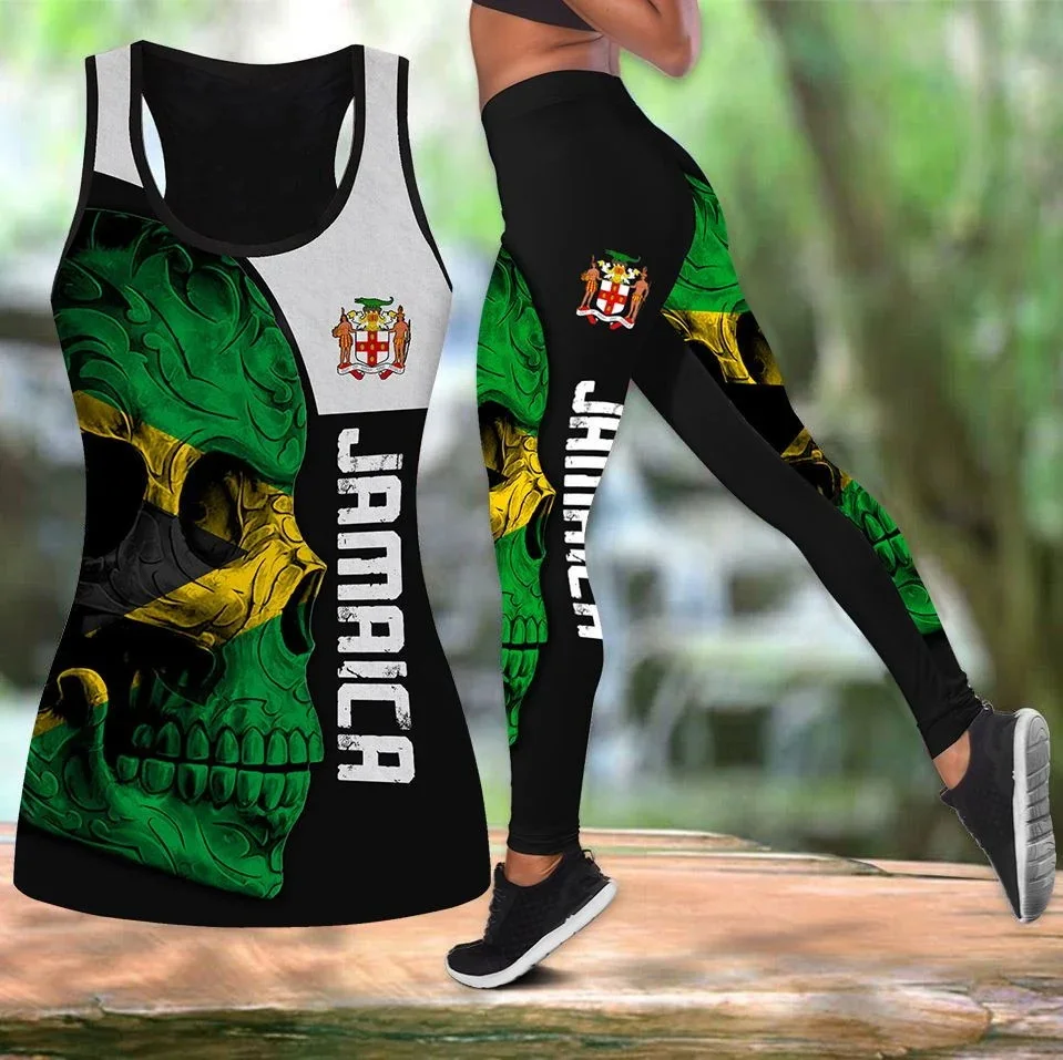 PLstar Cosmos Jamaica León escudo de armas y bandera 3D impreso hueco camiseta sin mangas y Leggings conjunto Fitness Mujer pantalones de Yoga LKB-38 - imagen 5