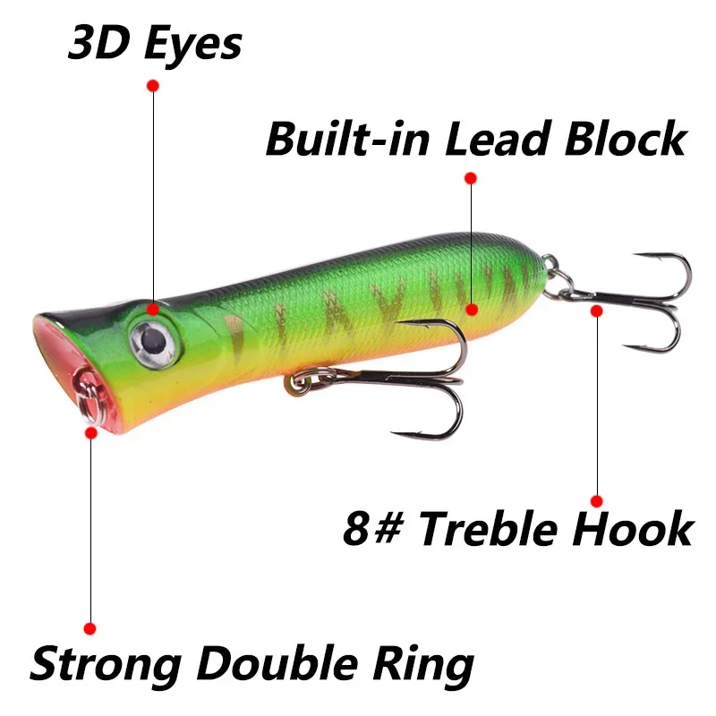 Señuelos de pesca Topwater Popper, Wobblers de plástico, Swimbaits, 8cm, 11g, cebos duros artificiales, aparejos de pesca con 6, 1 ud. #   Anzuelos triples - imagen 4