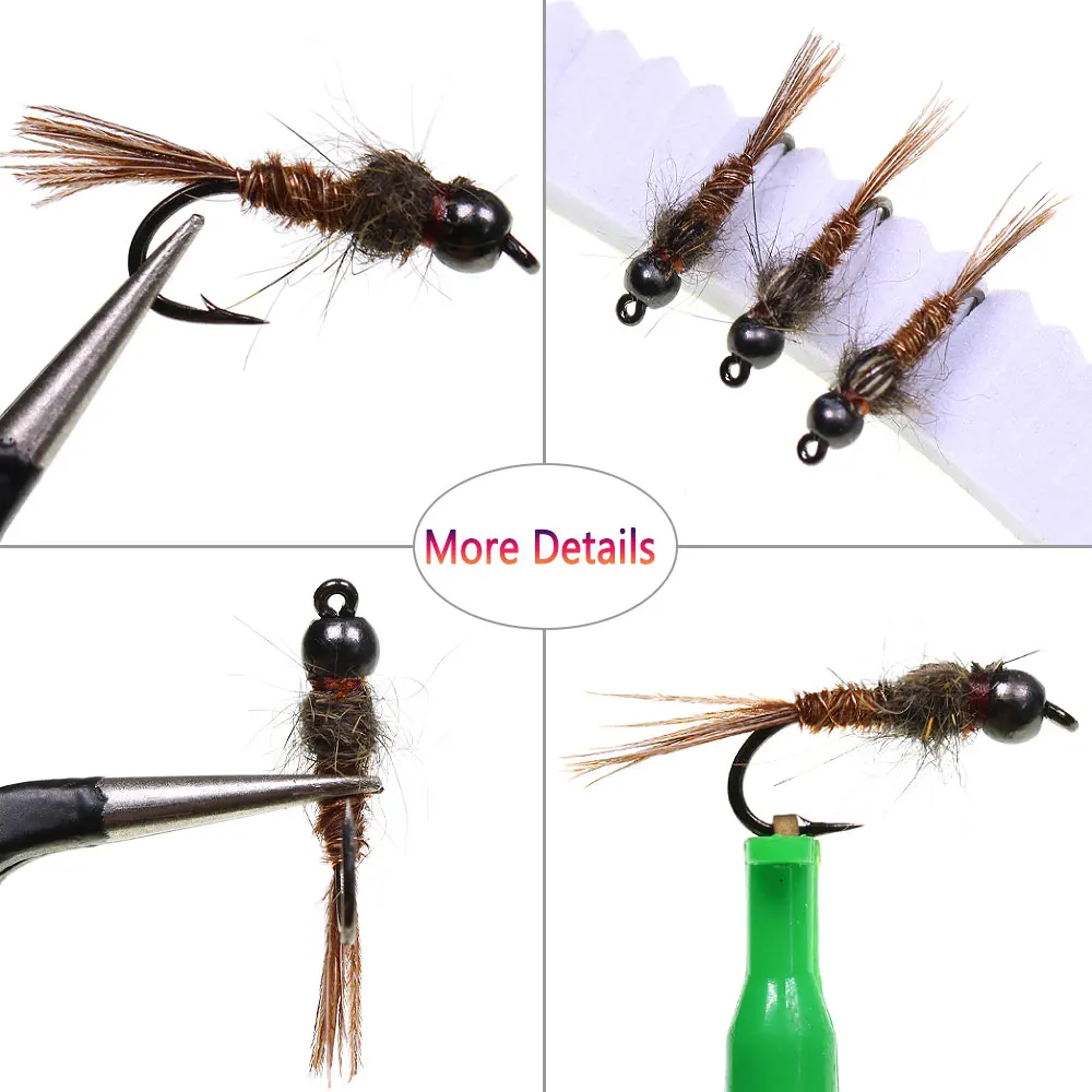 Bimoo 6PCS # 14 # 16 # 18 cabeza de cuentas de latón cola de faisán Ninfa oreja de liebre hundimiento rápido mosca húmeda trucha lubina Grayling Señuelos de pesca con mosca - imagen 5