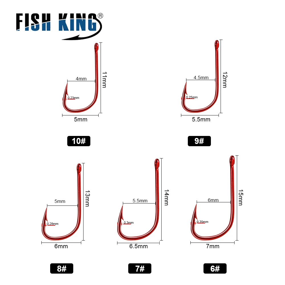 FISH KING-anzuelo de pesca de acero con alto contenido de carbono, gancho de púas rojas con ojos doblados, aparejos de carpa anillados, 50-100 piezas, 6-10 # - imagen 2