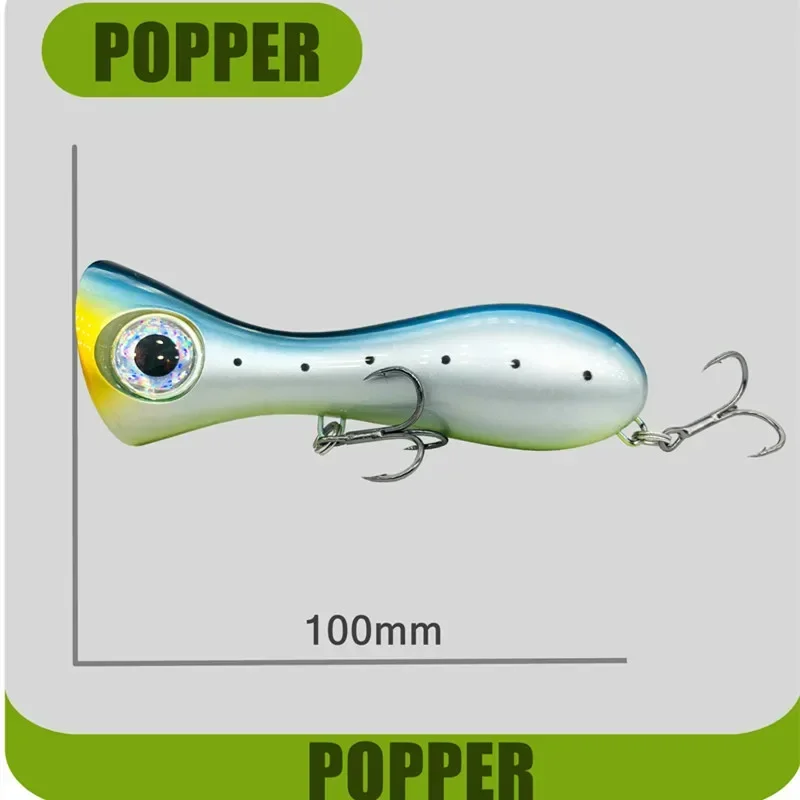 GREENSPIDER-señuelo de juego grande, 100mm, 29g, nuevos Señuelos de pesca Popper, cebo duro de agua superior, ojos 3D, boca grande, señuelo Popper con gancho VMC - imagen 3