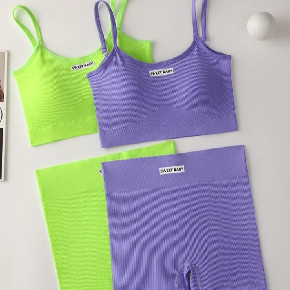 Conjunto de ropa deportiva súper elástica para mujer, ropa deportiva sin mangas, chaleco, ropa interior, pantalones cortos, Kit de pantalones cortos de Color sólido - imagen 3