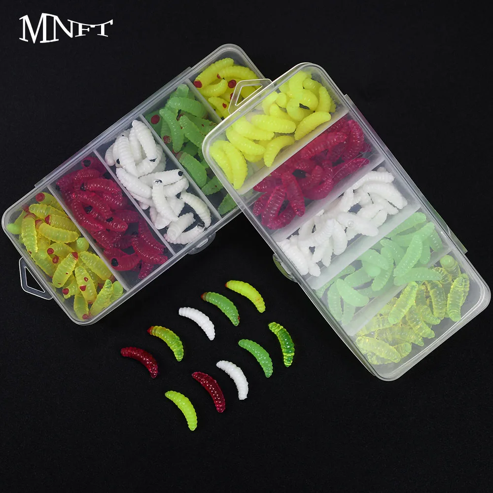 100 Uds Mini cebos de gusano suaves 2cm 5 colores mezclados Señuelos de Pesca silicona pan biónico gusano señuelo caja pesca trucha perca lubina - imagen 2