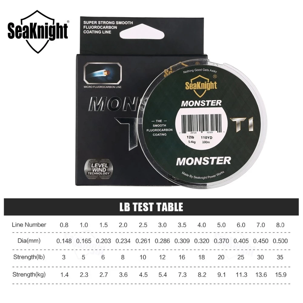 Línea de carbono SeaKnight MANSTER T1-II/T2, línea de nailon fuerte, línea líder de 100M, línea de carbono con revestimiento de fluorocarbono 0,8 # -8.0 #   3LB-35LB