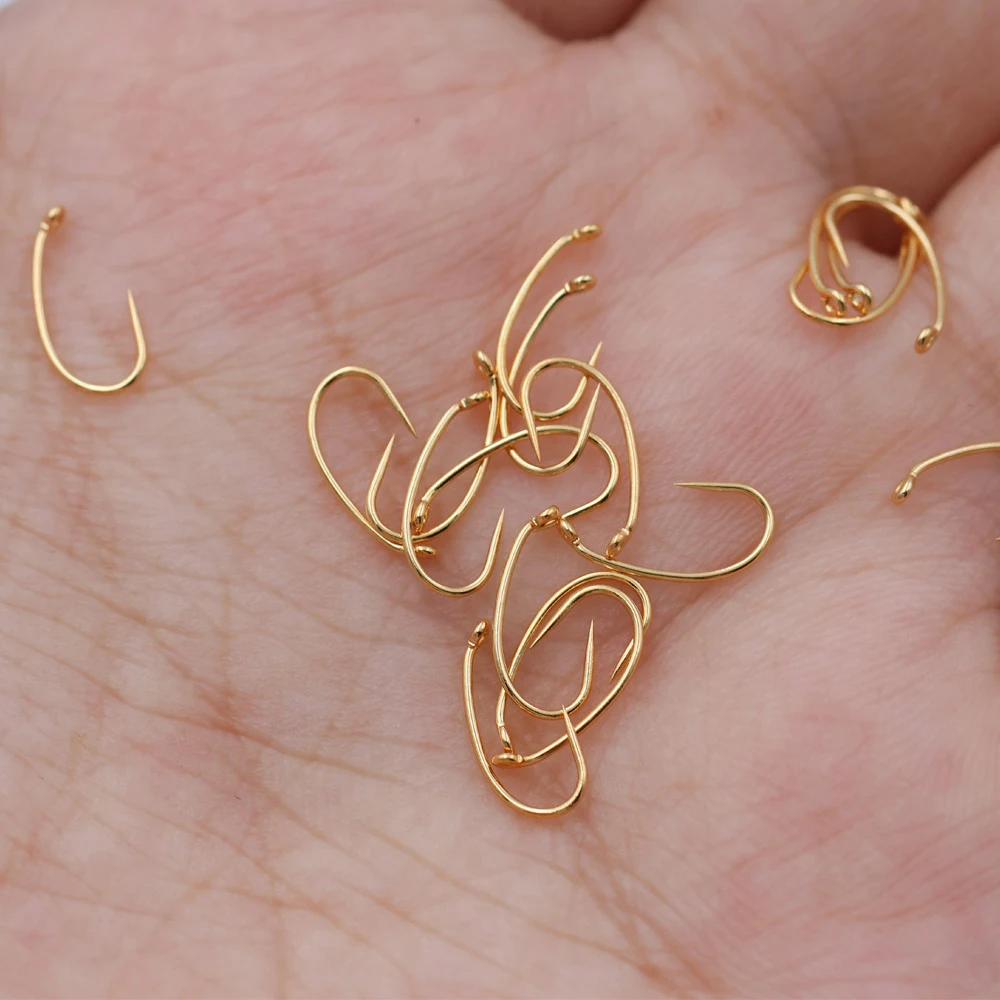 Wifreo 50PCS 20 # ~14 #   Gancho curvo para atar moscas sin púas, ganchos dorados de alambre fino con ojo hacia abajo para larvas Caddis, moscas emergentes - imagen 4