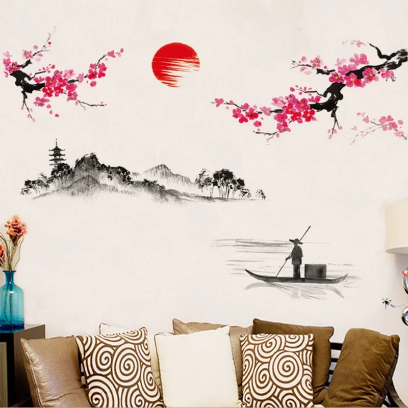 Estilo chino Sakura japonés Rosa flor de cerezo árbol decoración Mural calcomanías pegatina de pared póster papel tapiz Decoración. - imagen 3