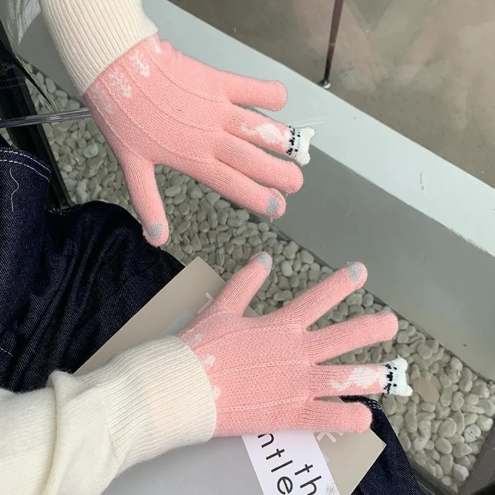 Nuevos guantes de invierno de gatos de dibujos animados, guantes cálidos y gruesos de punto, guantes de dedo completo a prueba de viento para pantalla táctil, Otoño Invierno - imagen 3
