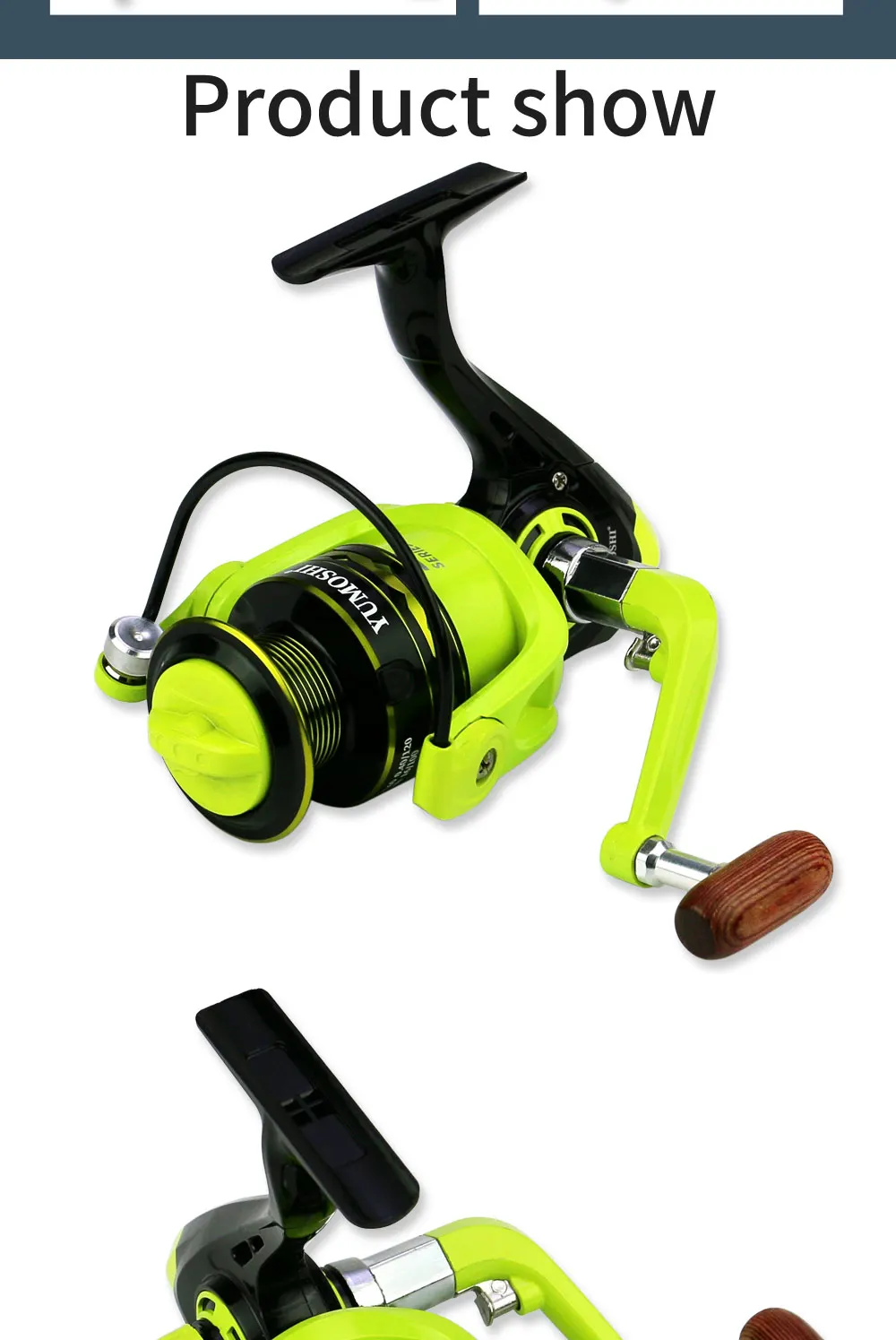 Este carrete de pesca presenta un diseño verde y negro vibrante perfecto para cualquier pescador