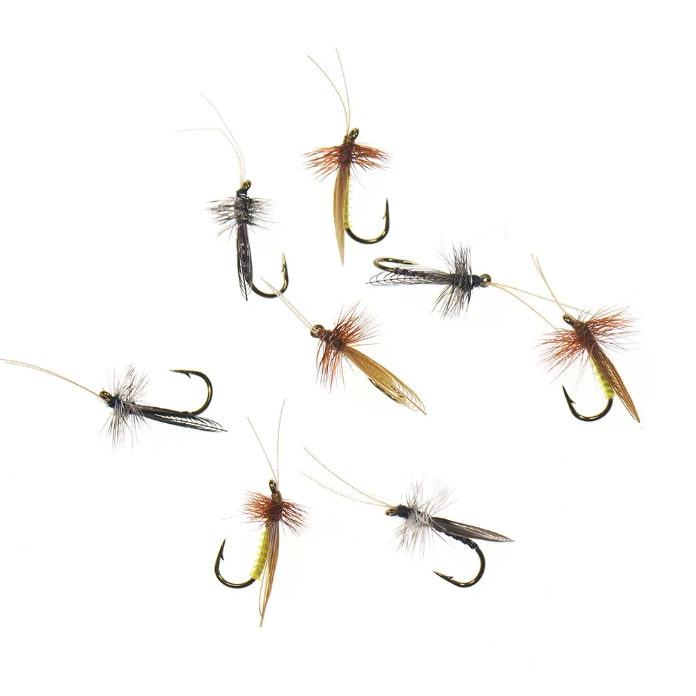 WIFREO 8 piezas/caja # 14 marrón gris Caddisfly Sedge adulto suave Hackle mosca seca trucha lubina Grayling señuelo insecto Artificial cebo - imagen 5