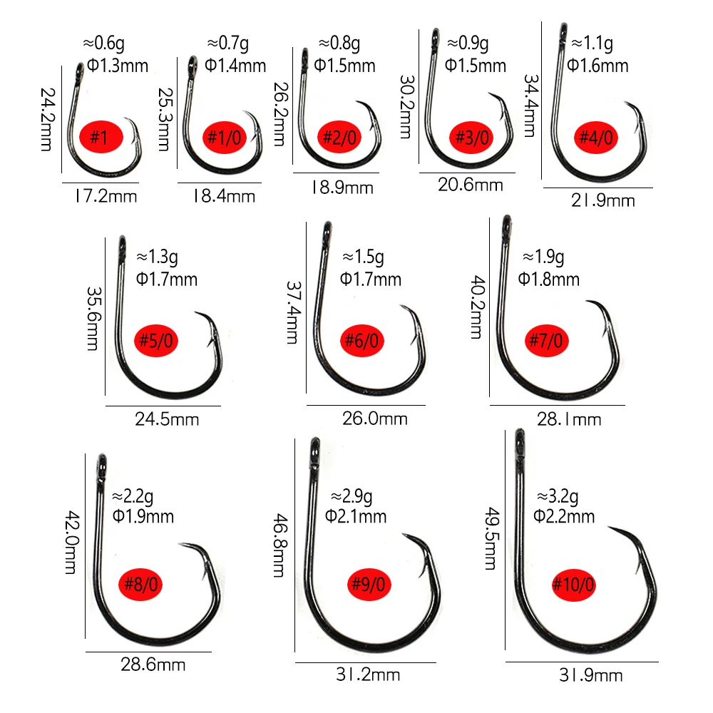 Wifreo 100 Uds pesca en agua de mar anzuelo circular inclinado níquel negro acero alto en carbono anzuelos de pesca de agua dulce y salada # 1- # 10/0 - imagen 2