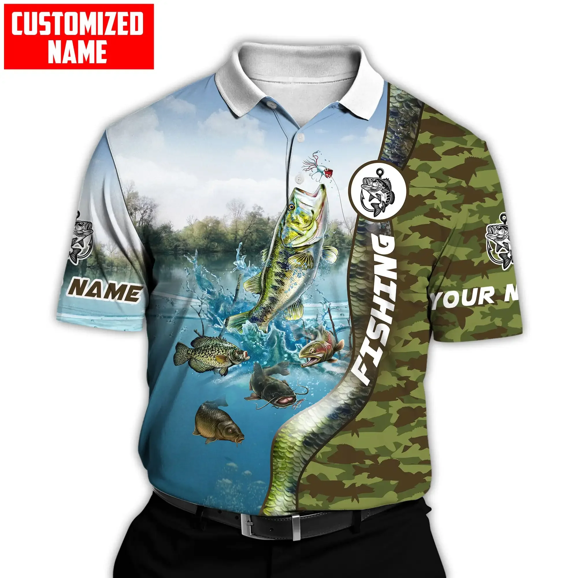 PLstar Cosmos nombre personalizado bagre pesca 3D completamente impreso hombres polos Casual solapa camisa de manga corta PLP02 - imagen 2