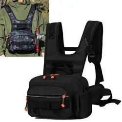 Bolsa de pecho para aparejos de pesca con soportes para caña, caja de señuelos, bolsas de almacenamiento de engranajes, mochila de senderismo Molle, paquete de caza al aire libre, bolsa de aparejo, chaleco