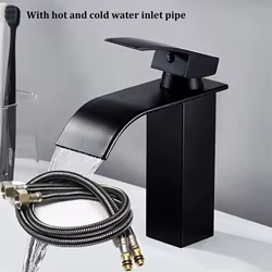 Grifo de acero inoxidable, lavabo de cascada negro con tubo de entrada de agua fría y caliente, lavabo para baño y hogar