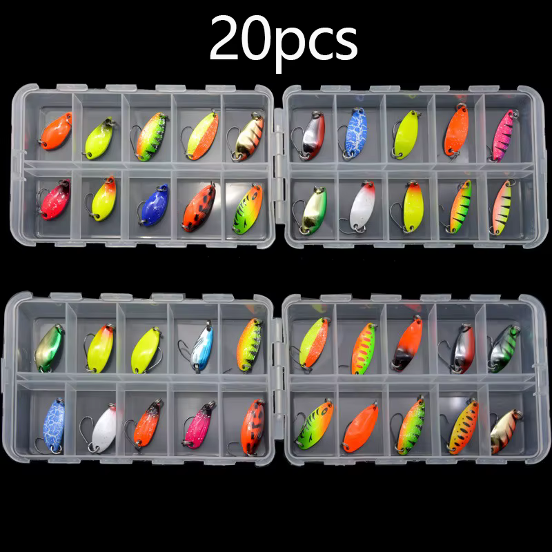 Señuelo de pesca de lentejuelas de Metal de 20 piezas con caja, cebos de cuchara, cebos artificiales de un solo gancho que se hunden en hielo de invierno de colores mezclados - imagen 4