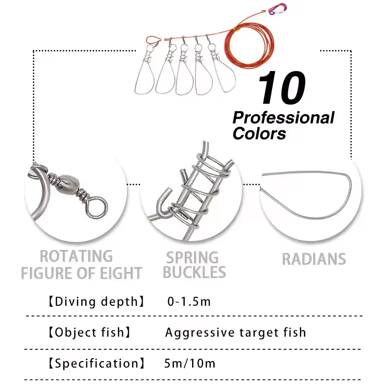 Candado de pesca de 5M, herramientas de hebilla de pesca, hebilla de bloqueo de pesca con carrete, cordón de acero inoxidable, cinturón de bloqueo de pescado, aparejos de pesca Stringer - imagen 5