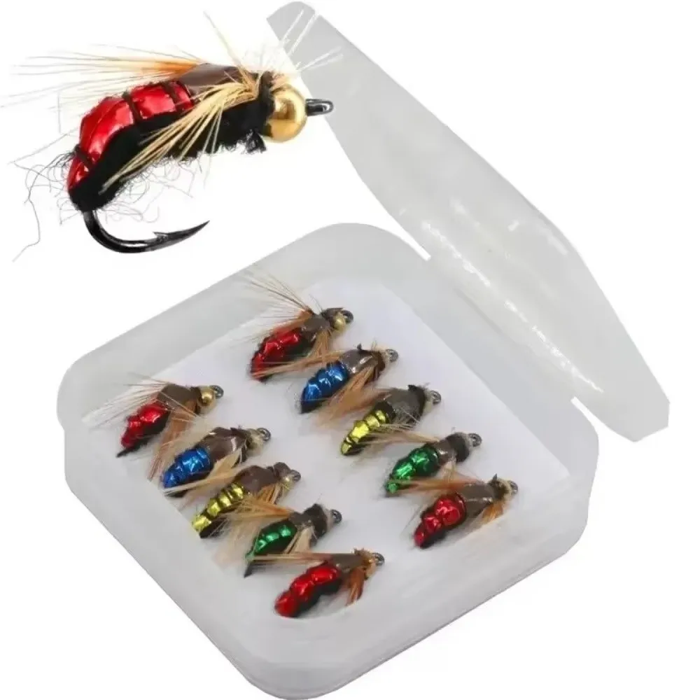 Cebo de pesca de insectos artificiales con cabeza de cuentas de latón, 5/10 Uds., con anzuelos de pesca, gusano de mosca Scud, señuelo de hundimiento rápido, Artificial Horizontal - imagen 5
