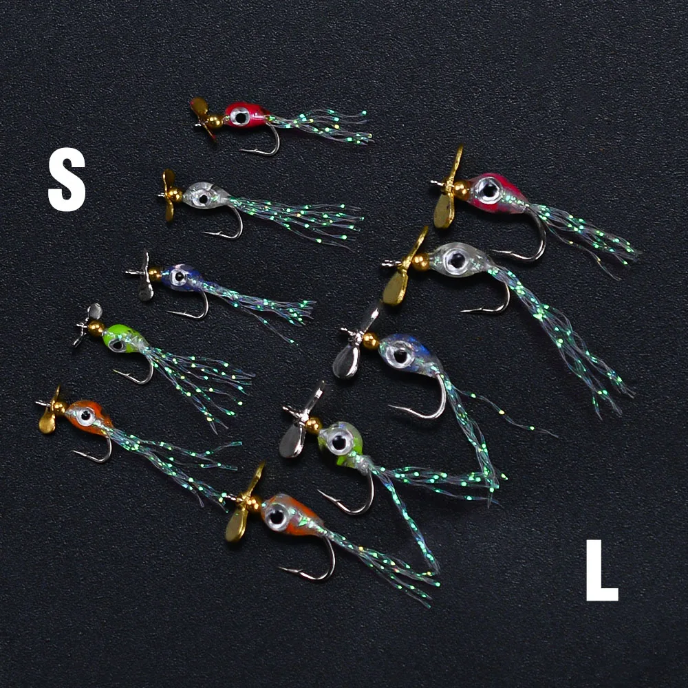 10 Uds. Cebo giratorio de lentejuelas con hélice, señuelos giratorios de Metal para pesca con mosca, señuelos para insectos, señuelo efectivo para pesca de trucha y lubina - imagen 3
