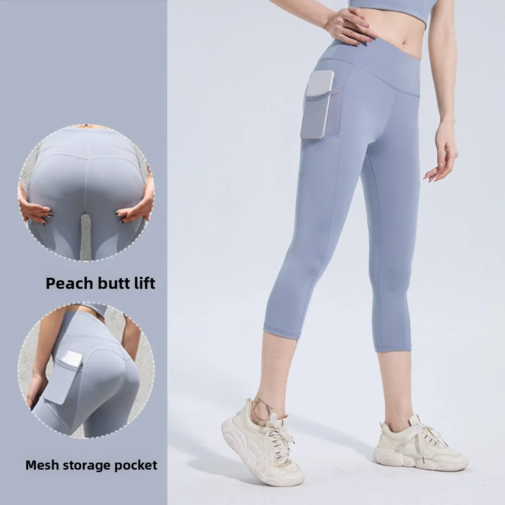 Pantalones cortos de Yoga hasta la pantorrilla para mujer, pantalones deportivos de secado rápido con bolsillo de malla, ropa deportiva, mallas deportivas de cintura alta para mujer - imagen 2
