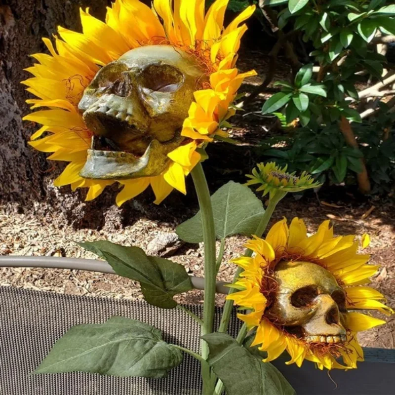 Cráneo espeluznante flores de girasol, artesanía de arte de Festival de Calavera, decoración de jardín, adornos de flores de simulación, decoraciones de Halloween - imagen 3