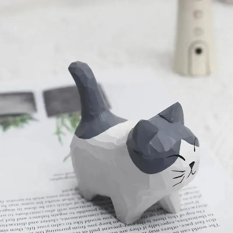 Cute Cat Shape Handmade Wood Carving Kitten Ornaments Small Animal Creative Desktop Wood Cat Decoration Crafts Ornament - imagen 5