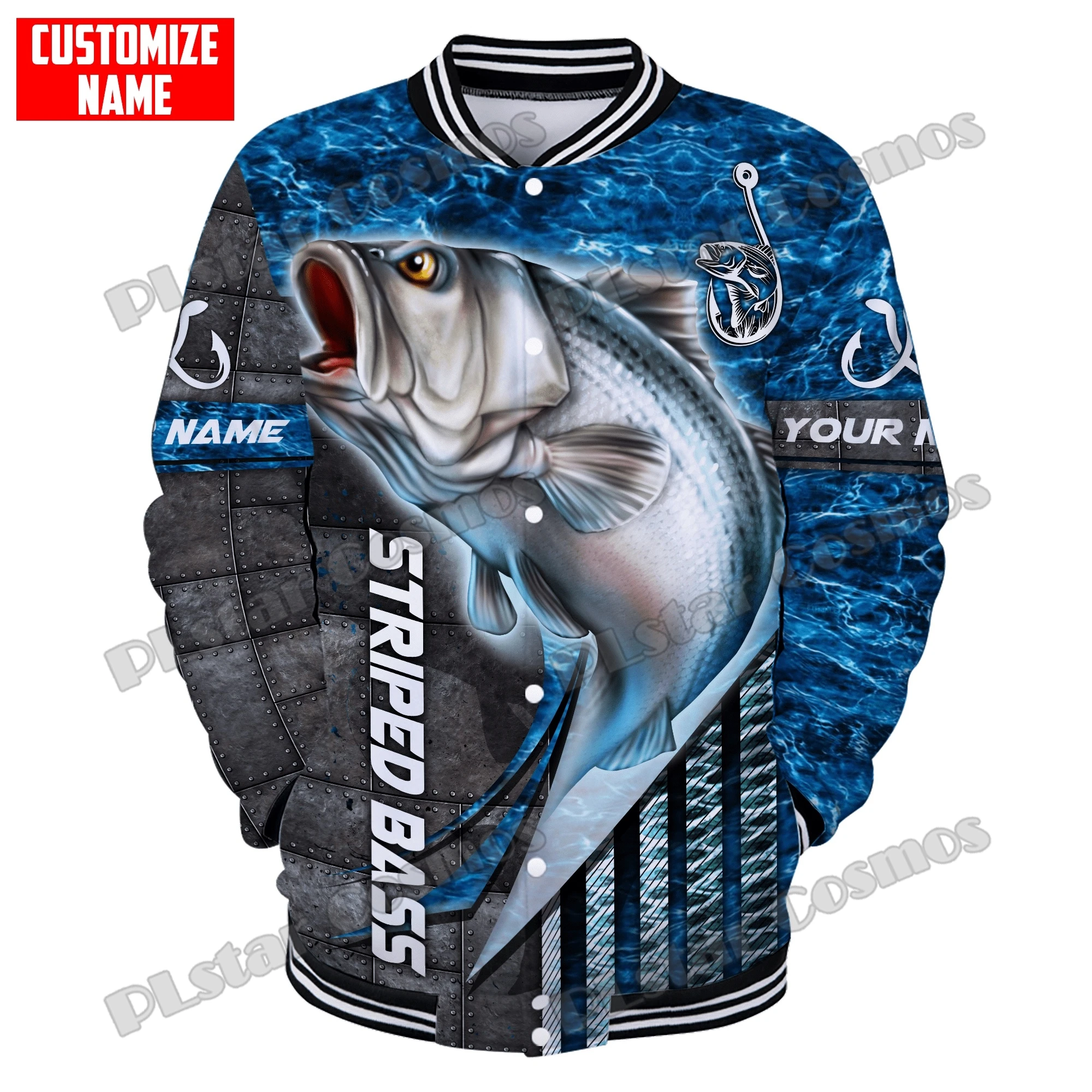 Chaqueta Bomber de pesca de lubina a rayas con nombre personalizado impreso en 3D para hombre, chaqueta de béisbol cálida informal Unisex para invierno FX19