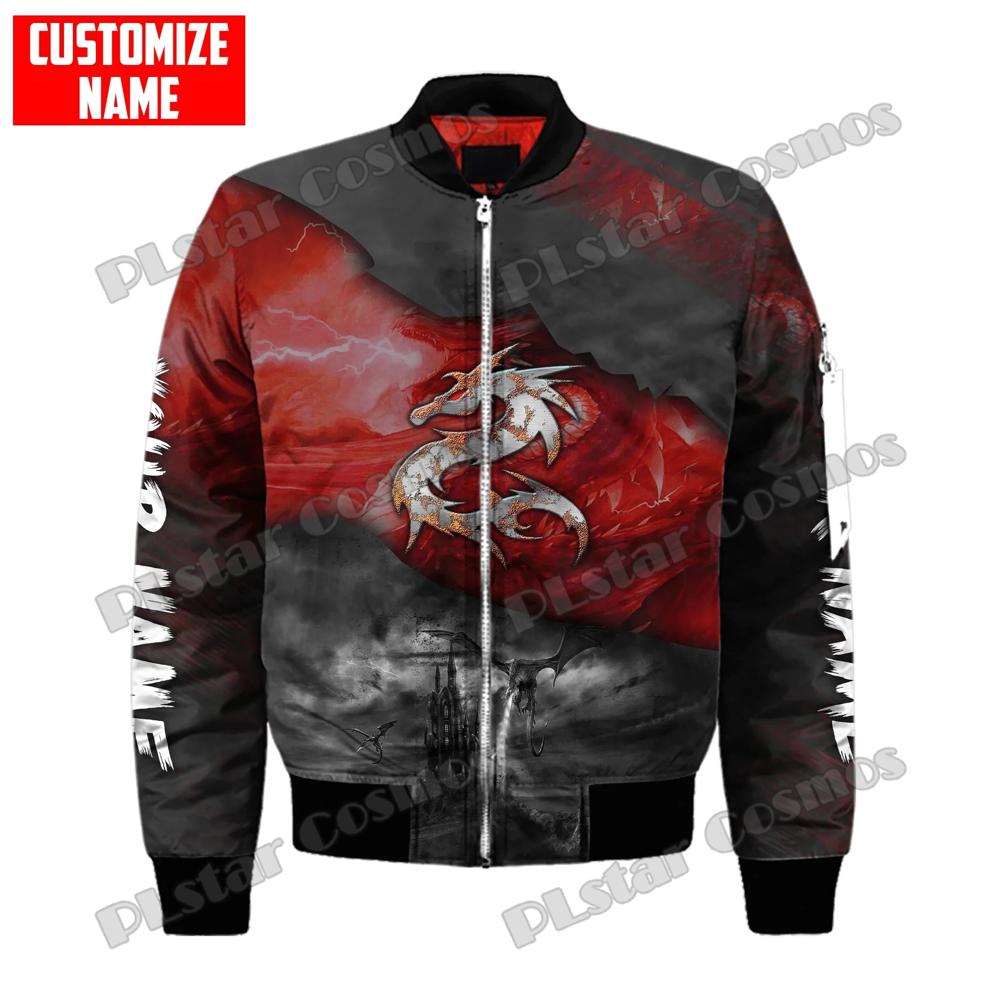 Chaqueta Bomber de invierno para hombre, tatuaje de dragones azules, nombre personalizado, estampado 3D, abrigo grueso con cremallera y bolsillo, chaqueta cálida informal Unisex con cremallera FX-15 - imagen 4