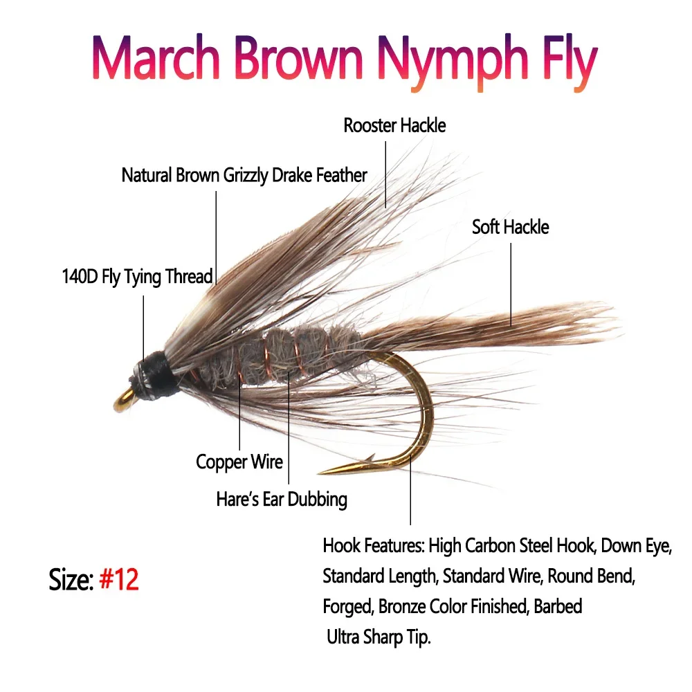 Bimoo 10 unids/caja 12 #   Soft Hackle March Brown Wet Ninfa Fly Hare's Dubbing Body May Fly para trucha Grayling Señuelos de pesca cebos - imagen 2
