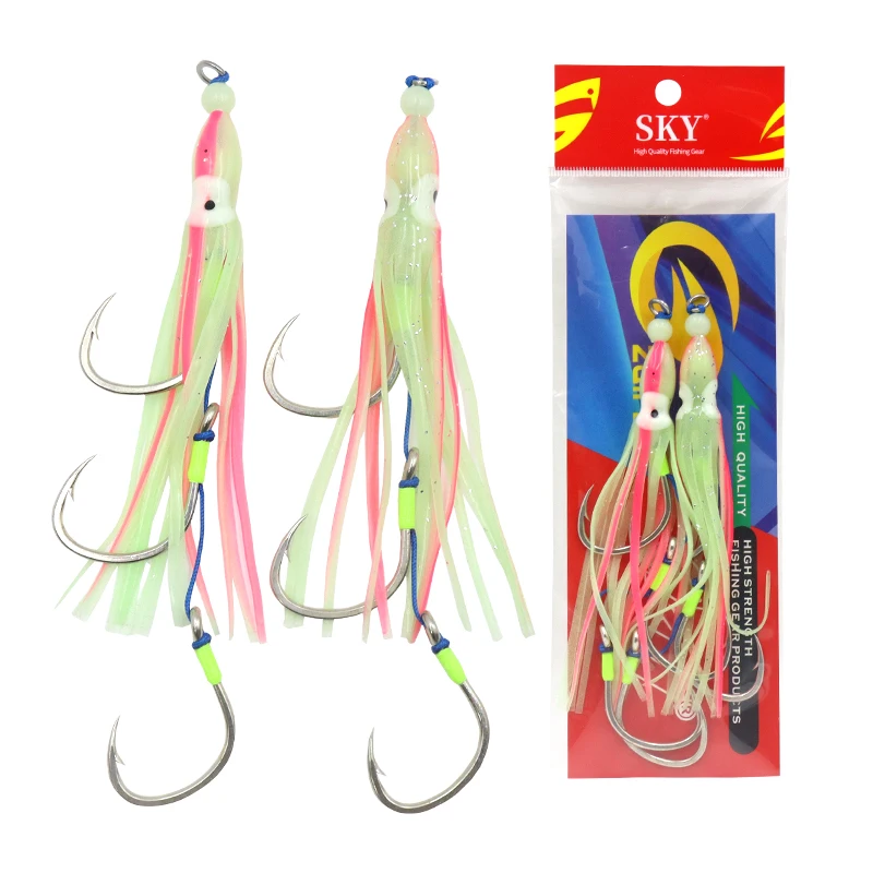 ZYZ-aparejos de cebo para pesca en el mar, 2 unidades/bolsa, anzuelos con pulpo luminoso, cebo suave, atún de agua salada, lubina a rayas, anzuelo Sabiki - imagen 5