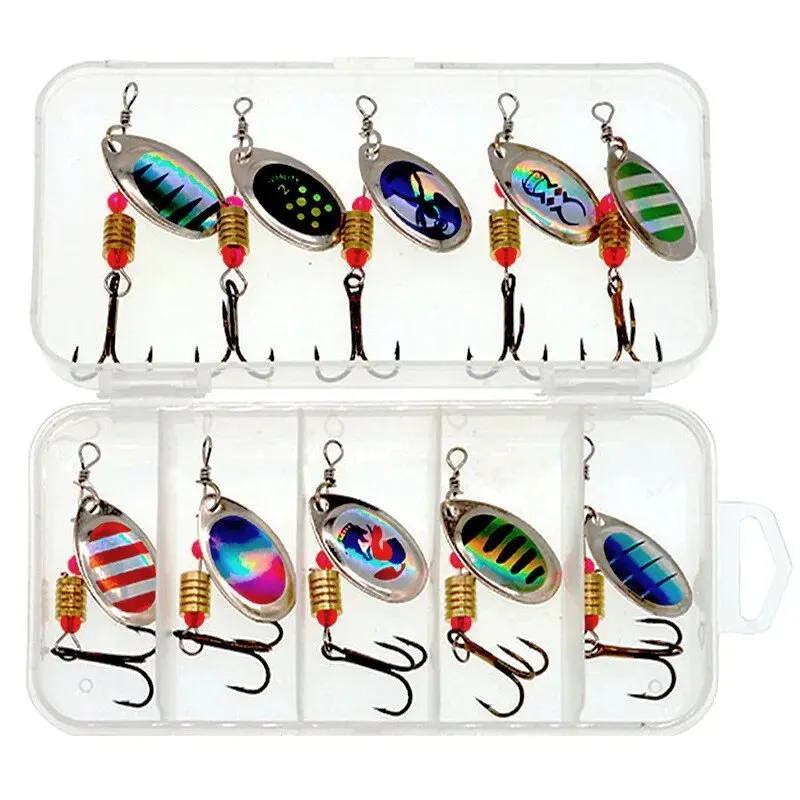 10 unids/set señuelo giratorio 10 colores con anzuelo triple señuelo de cuchara de Metal señuelo de pesca duro con caja de aparejos de pesca - imagen 2