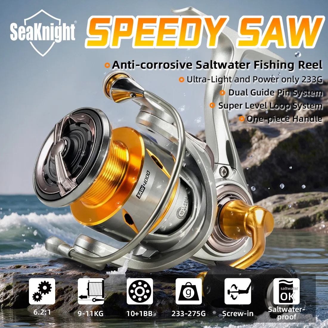 Marca SeaKnight Speedy SAW Series 6,2: 1 carrete de pesca giratorio 3000-6000 carrete giratorio de cuerpo completo a prueba de agua de mar 24LB ultraligero