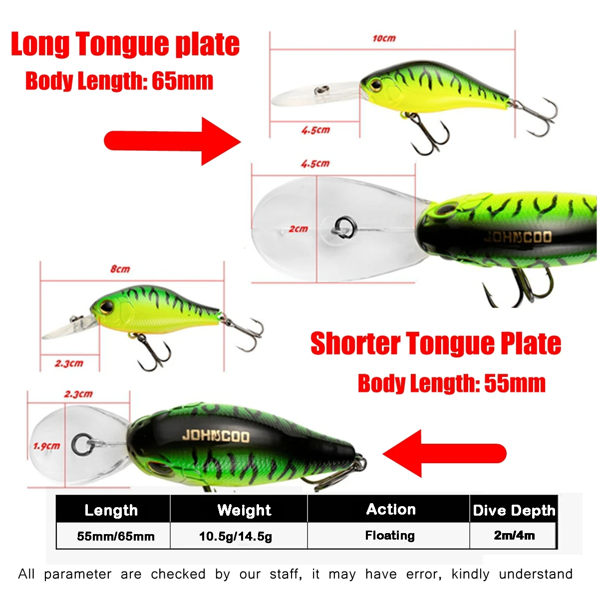 Johncoo cebo flotante 5,5 cm 6,5 cm señuelo de pesca cebo duro Jerkbait Wobbler manivela señuelo de pesca profundidad 2-4m - imagen 2