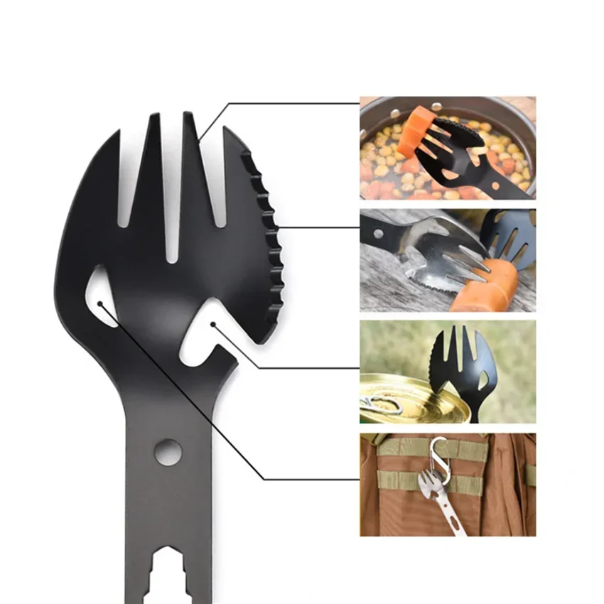 Tenedor multiherramienta de acero inoxidable, tenedor deportivo, abridor de botellas para campamento de Picnic, llave, herramienta de arpón, cubiertos, vajilla portátil, cuchara, cubiertos - imagen 5