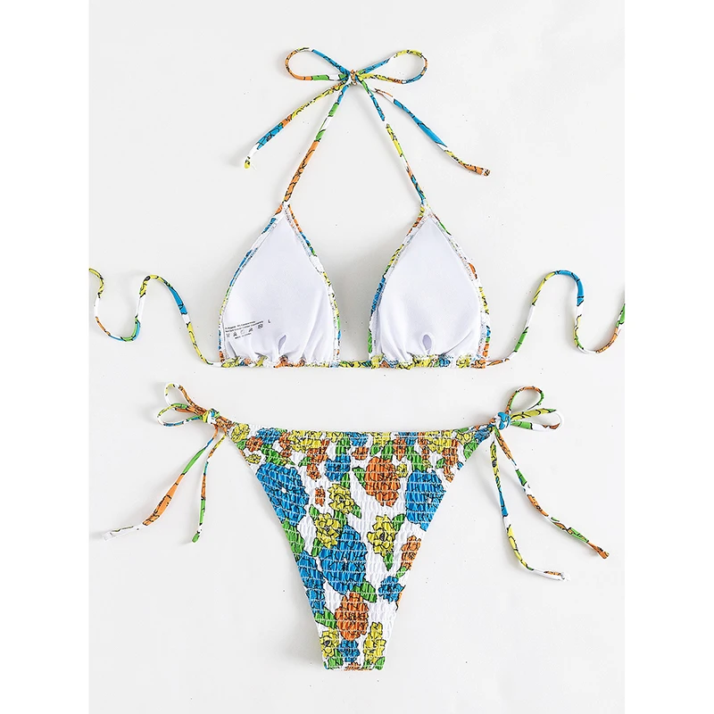 Bikini triangular con cuello Halter para mujer, conjunto de dos piezas con estampado de flores, plisado, con lazo lateral, traje de baño Sexy - imagen 2