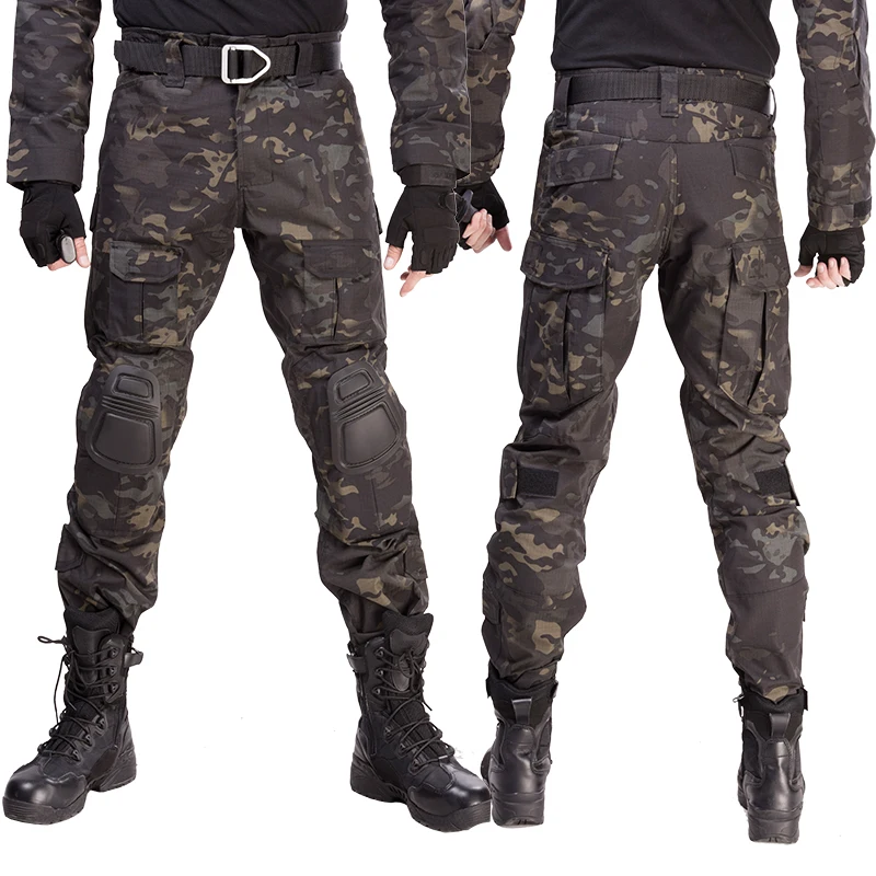 Trajes tácticos para hombre, uniforme de camuflaje, ropa para exteriores, resistente al desgaste, traje de caza Airsoft, camisa de combate + pantalones Cargo + 4 almohadillas - imagen 5