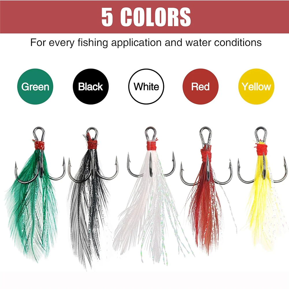 Anzuelos triples de pesca, cebos con pluma, línea de flash, atado de moscas, aparejos de pesca de trucha y lubina, 50 unids/lote por caja - imagen 4