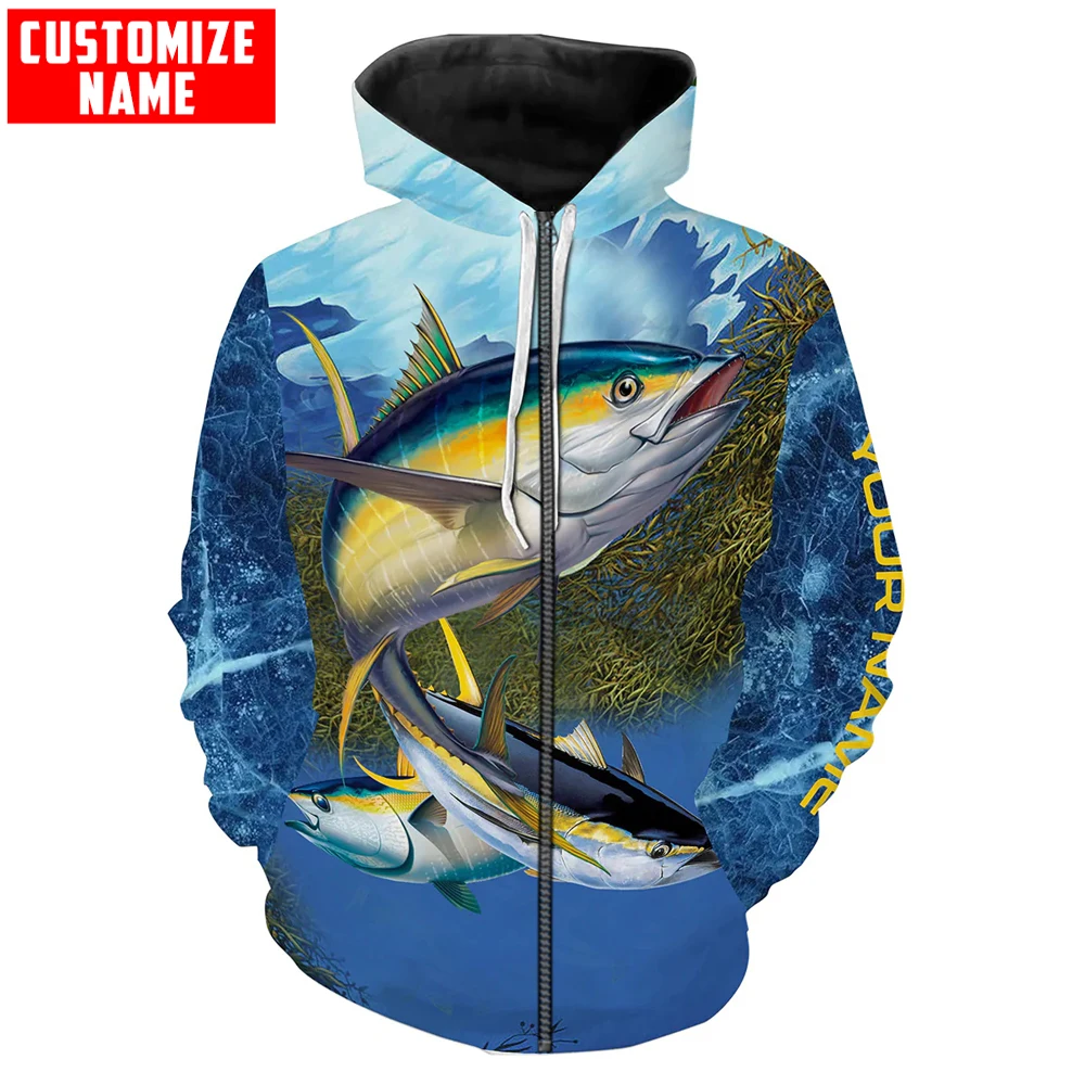 Pesca al atún pesca en aguas profundas azul nombre personalizado 3D completamente estampado Sudadera con capucha y sudadera para hombre Unisex Zip chándales casuales KJ921 - imagen 3
