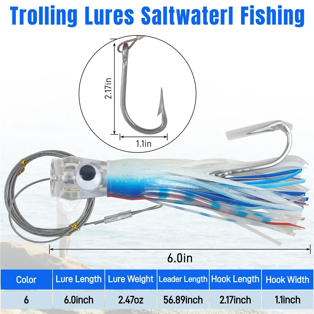 Señuelo de pesca de aguas profundas, faldas de calamar, atún, Marlin, tiburón, Mahi, Trolling, pez de juego grande en alta mar, 6 uds., 6/9 pulgadas - imagen 3