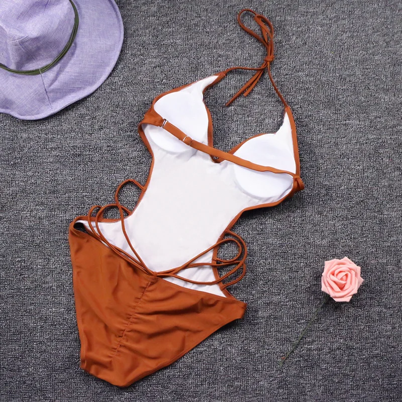 Bañadores de una pieza con cuello de pico para mujer, traje de baño Sexy con cuello Halter, espalda abierta, Monokini con corbatas, ropa de playa, Bikini con correa cruzada lateral - imagen 4