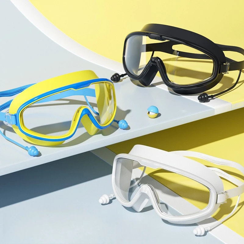 Gafas de natación de silicona para hombre y mujer, lentes de natación con marco grande y tapones para los oídos, profesionales, antiniebla, HD, accesorios de natación